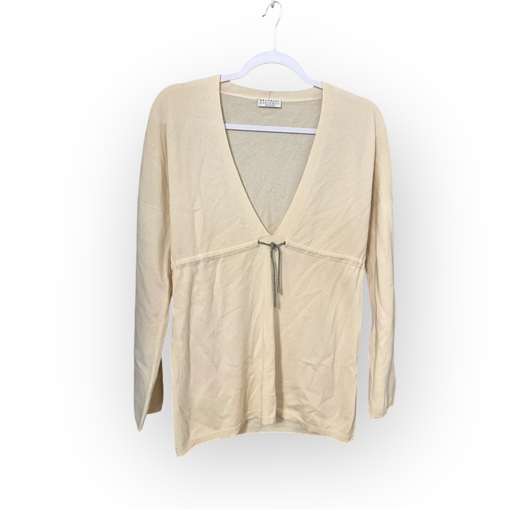 Brunello Cucinelli Cream V-Neck Drawstring Sweater